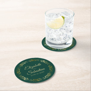 Gold Lace over Emerald Green Elegant Wedding Ronde Kartonnen Onderzetter