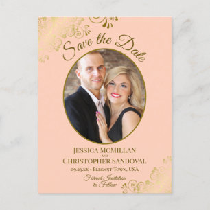 Gold Lace & Peach Wedding Save the Date Oval Photo Aankondigingskaart