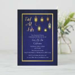 Gold Lamp op Blue Damask | Eid Al Fitr Kaart