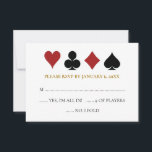 Gold Las Vegas Poker Card costume mariage RSVP<br><div class="desc">Éblouissez vos invités en leur envoyant ces fabuleux cartes de jeu de poker or,  noir,  blanc et rouge costume la carte RSVP avec leur invitation. Ils attendent avec impatience l'invitation officielle à ce mariage incontournable !</div>