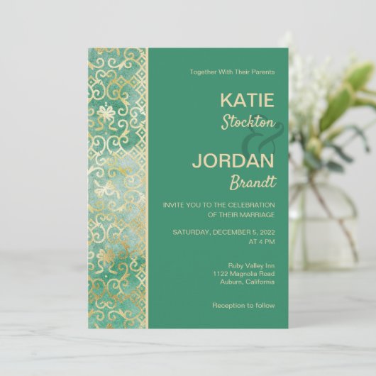 Gold Lattice Wedding Uitnodiging (Staand voorkant)