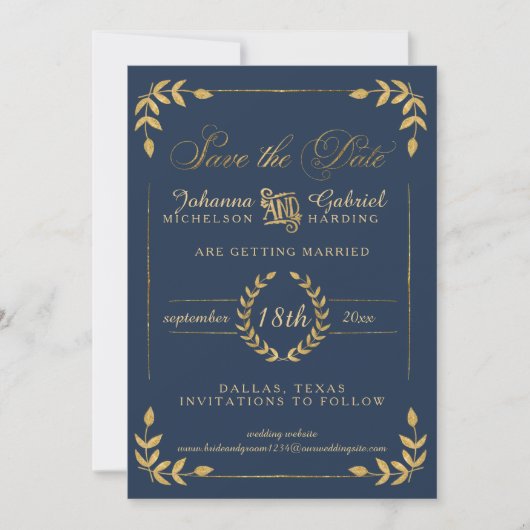 Gold Laurel Leaf Navy Photo Save the Date (Voorkant)