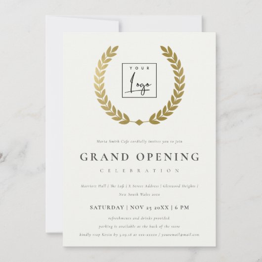 Gold Laurel Logo Ornate Grand Ouverture Invitation (Devant)