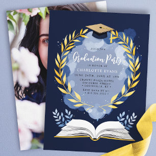 Gold Laurel Navy Blue Graduation Party Foto Kaart