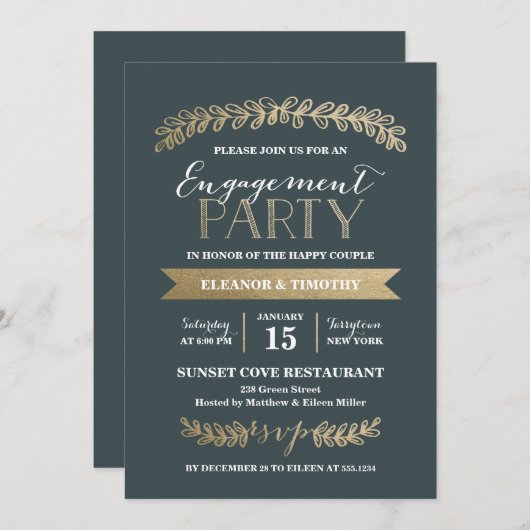 Gold Laurels Slate Engagement Party Invitation (Devant / Derrière)