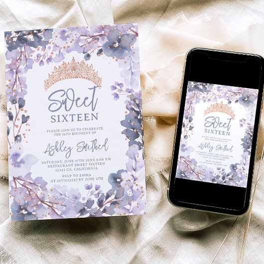 Gold lavender floral tiara princess Sweet 16 Kaart