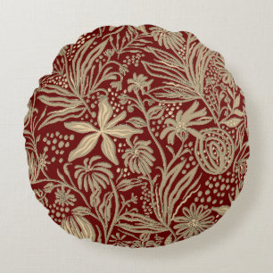 Gold Lazy Floral Pattern op Deep Red Rond Kussen