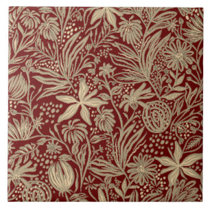 Gold Lazy Floral Pattern op Deep Red Tegeltje