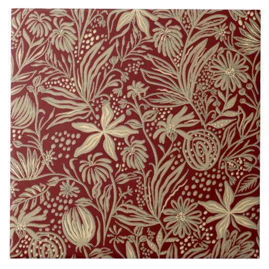 Gold Lazy Floral Pattern op Deep Red Tegeltje (Voorkant)