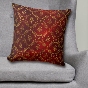 Gold Leaf Berry Lijst Pattern op Burgundy Red Glow Kussen