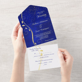 Gold Leaf Blue Photo Template All-in-One Weddensch All In One Uitnodiging
