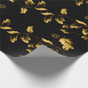 Gold Leaf Branch Floral Vine op zwart Cadeaupapier