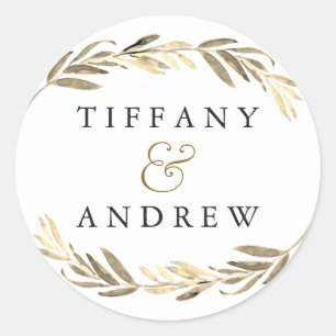 Gold leaf Elegant Modern Couples Name Wedding Ronde Sticker