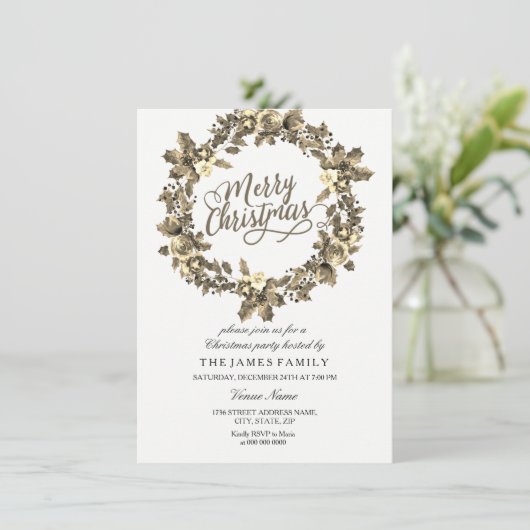 Gold Leaf Floral Wreate Kerstparty Invite Kaart (Staand voorkant)