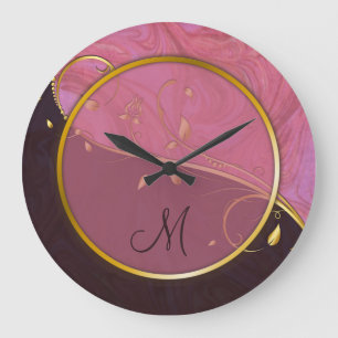 Gold Leaf Flourish Pink Burgundy Voeg je Initiaal  Grote Klok