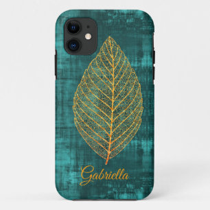Gold Leaf over Blauwgroen Groen Satin -*personalis iPhone 11 Hoesje