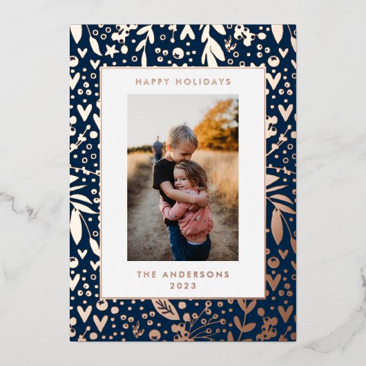 Gold Leaf Preferred Blue Floral Lijst | Foto Folie Feestdagenkaart (Voorkant)