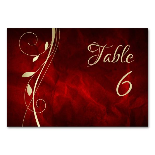 Gold Leaf Swirl Deep Red Wedtable Number Kaart (Voorkant)