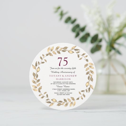 Gold Leaf Wreath 75e Mariage Invitation de l'anniv (Debout devant)