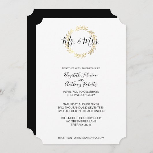 Gold Leaf Wreath & Black and White Script Wedding Kaart (Voorkant / Achterkant)