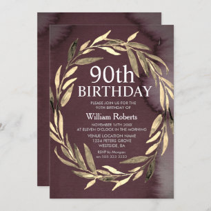 Gold Leaf Wreath Male 90th Birthday Party Invite Kaart
