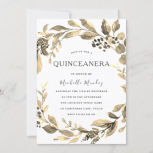 Gold Leaf Wreath Modern Quinceanera Party Kaart