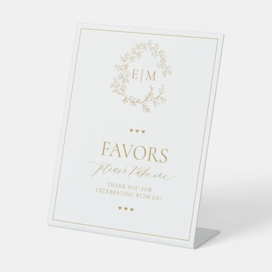 Gold Leafy Crest Monogram Favors Reclamebord Met Voetstuk (Voorkant)