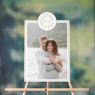 Gold Leafy Crest Monogram Fotobruiloft Acryl Bord