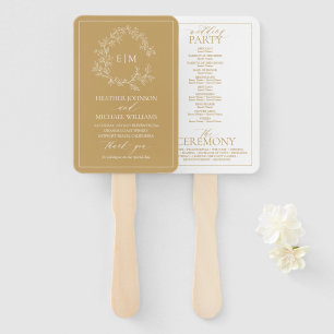 Gold Leafy Crest Monogram Weddenprogramma Handwaaier