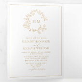 Gold Leafy Crest Monogram Weddenschap Drieluik Uitnodiging (Binnenzijde eerst)
