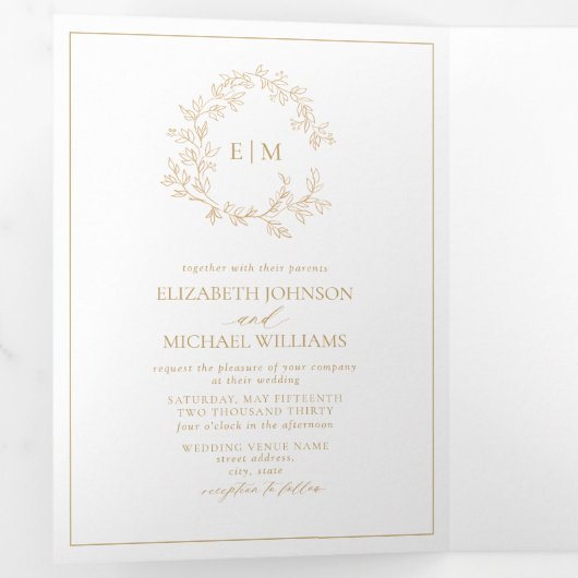 Gold Leafy Crest Monogram Weddenschap Drieluik Uitnodiging (Binnenzijde eerst)