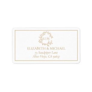 Gold Leafy Crest Monogram Weddenschap Etiket