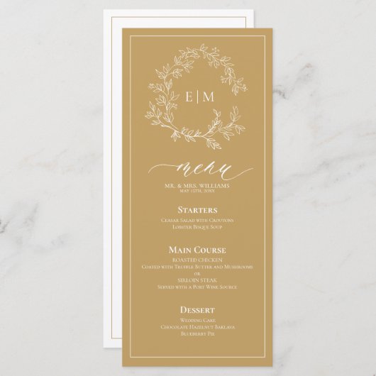 Gold Leafy Crest Monogram Weddenschap Menu (Voorkant / Achterkant)