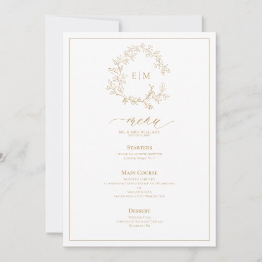 Gold Leafy Crest Monogram Weddenschap Menu Kaart (Voorkant)
