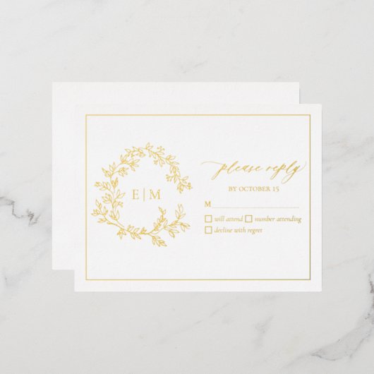 Gold Leafy Crest Monogram Weddenschap RSVP-kaart Folie Uitnodiging Briefkaart (Voorkant / Achterkant)