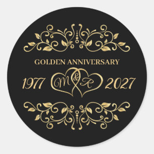 Gold leafy swirls, harten 50th Wedding Jubileum Ronde Sticker