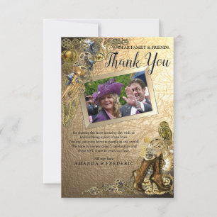 Gold Leather Steampunk Wedding Bedankt kaart