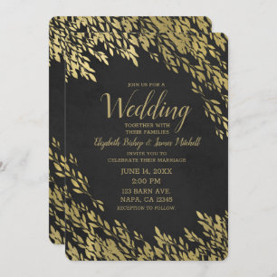 Gold Leaves & Black Chalk Chic Rustic Wedding Kaart