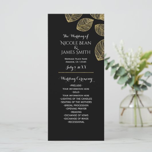 Gold Leaves Black Herfst Wedding Programma (Staand voorkant)