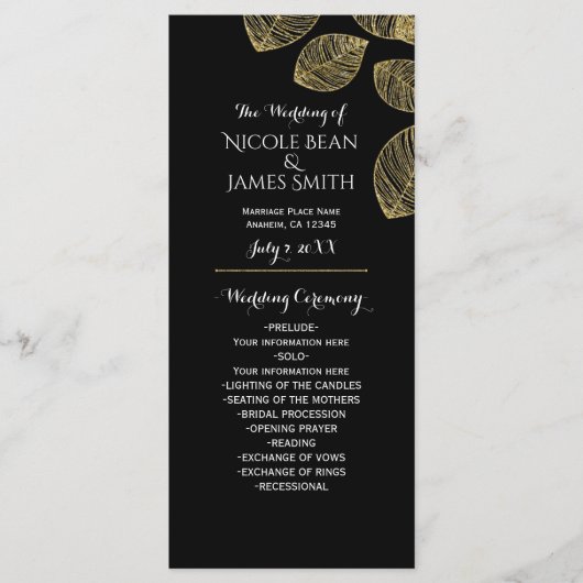 Gold Leaves Black Herfst Wedding Programma (Voorkant)