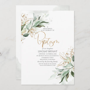 Gold Leaves Eucalyptus Greenery Cute Baptisme Kaart
