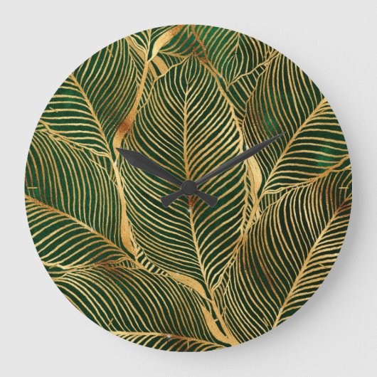 Gold Leaves Forest Green Elegant Pattern Grote Klok (Voorkant)