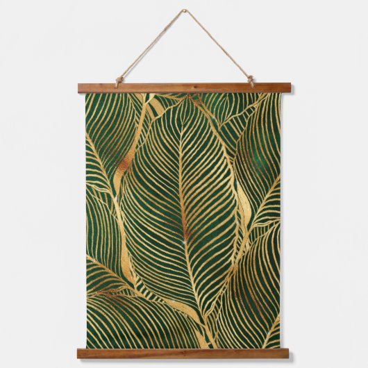 Gold Leaves Forest Green Elegant Pattern Hangend Wandkleed (Voorkant)