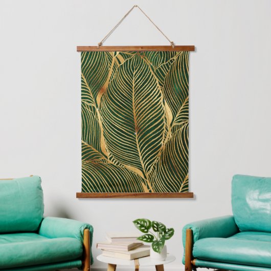 Gold Leaves Forest Green Elegant Pattern Hangend Wandkleed (Woonkamer)