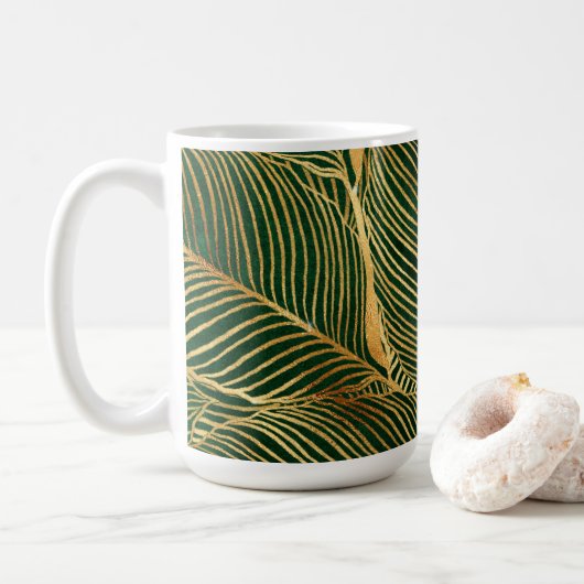 Gold Leaves Forest Green Elegant Pattern Koffiemok (Met donut)