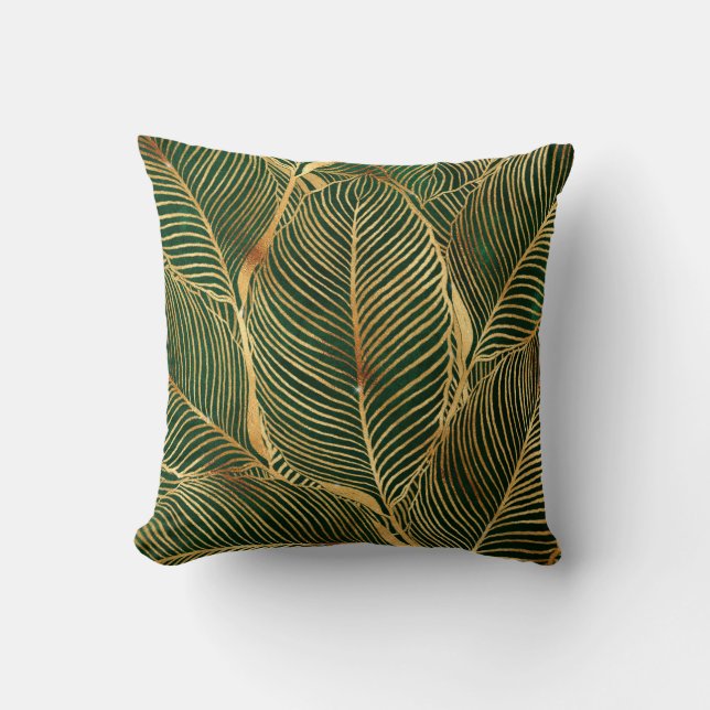 Gold Leaves Forest Green Elegant Pattern Kussen (Voorkant)