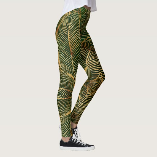 Gold Leaves Forest Green Elegant Pattern Leggings (Rechts)