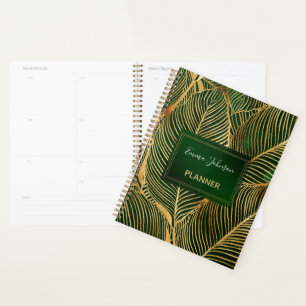 Gold Leaves Forest Green Elegant Pattern Planner