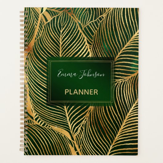 Gold Leaves Forest Green Elegant Pattern Planner (Voorkant)