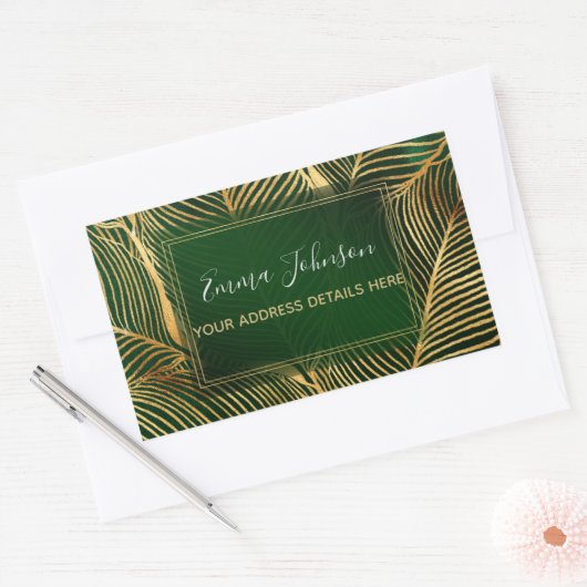 Gold Leaves Forest Green Elegant Pattern Rechthoekige Sticker (Envelop)